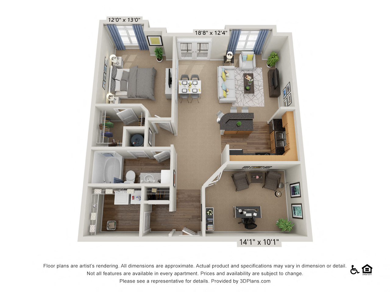 Floor plan for 1 bed, 1 bath, 1030 sqft